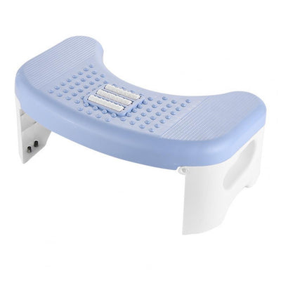 Tabouret WC massage bleu clair avec surface à picots et appuie-pieds, structure blanche, compartiment pour pieds.