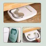 Bassine à pieds avec support glissant et petites bosses pour exfolier les pieds, vue sous plan de travail et rangement.