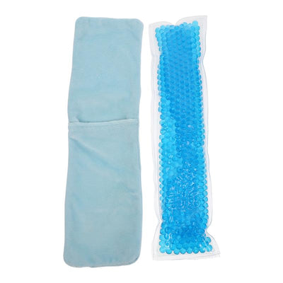 Bain dérivatif Jour: un manchon en tissu bleu et une bande de gel bleue texturée avec picots, conçus pour l’application et le massage.