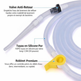 Accessoires Poche à Lavement: tubulure en silicone pur, valve anti-retour et robinet premium jaune, ensemble transparent.