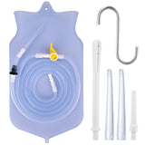 Accessoires Poche à Lavement: poche bleu clair avec tuyau, embout et pièces démontables, crochet métallique, et accessoires (tubes, aiguilles) pour lavement intestinal.