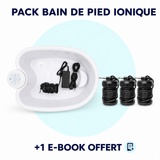 Illustration du Pack Bain de Pied Ionique Complet avec appareil, bassine, 3 recharges et 1 e-book offert