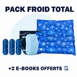 Illustration du Pack Froid Total avec kit bain dérivatif, coussin rafraîchissant et 2 e-books offerts