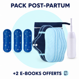 Illustration du Pack Post-Partum avec kit bain dérivatif, bidet portable et 2 e-books offerts