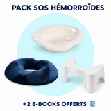 Illustration du Pack SOS Hémorroïdes avec bassine, coussin, tabouret et 2 e-books offerts