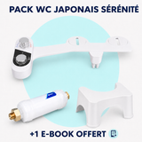 Illustration du Pack Sérénité avec kit WC japonais eau chaude et eau froide, filtre, tabouret et 1 e-book offert