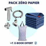 Illustration du Pack Zéro Papier avec douchette, serviettes, sac de lavage et 1 e-book offert